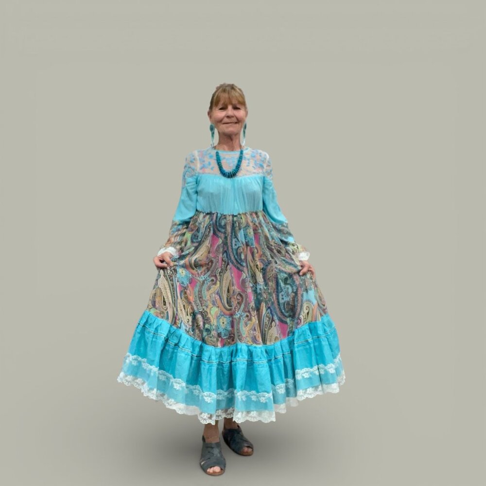 Upcycled Turquoise Boho Maxi Dress with Lacy Top & Paisley Ruffled Skirt, Size M